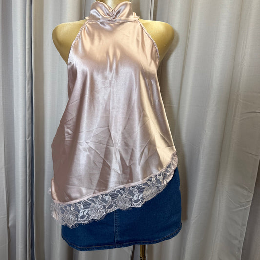 PL-Satin Lace Asymmetrical Top-Baby Pink