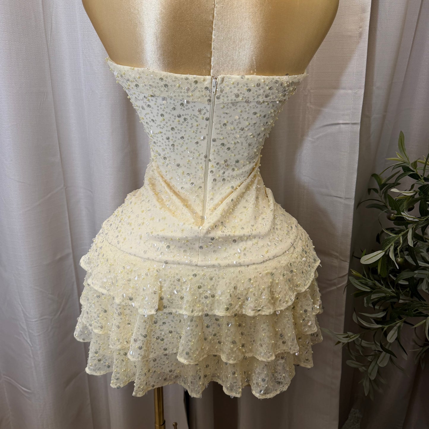 Beads Sequins Pearls Fold Over Triple Layer Mini Dress-Butter Yellow