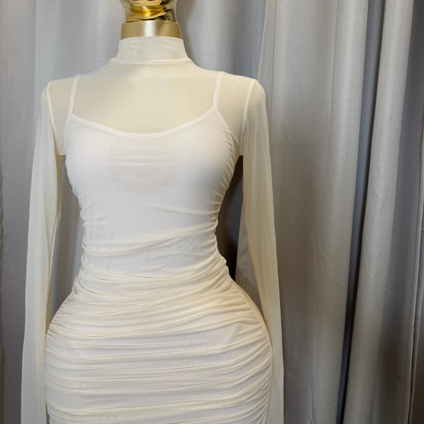 Solid Mesh Mock Neck Midi Long Sleeve Dress-Cream