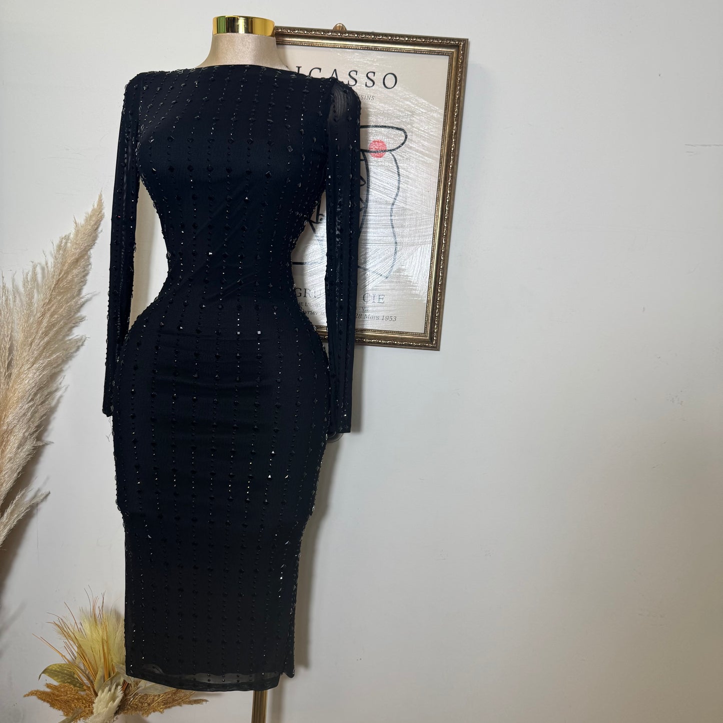 Square Rhinestone On Mesh Midi Dress-Black