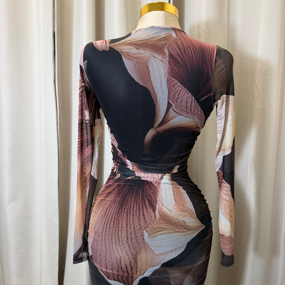 Big Flower Mesh Shirring Midi Dress-Brown Combo