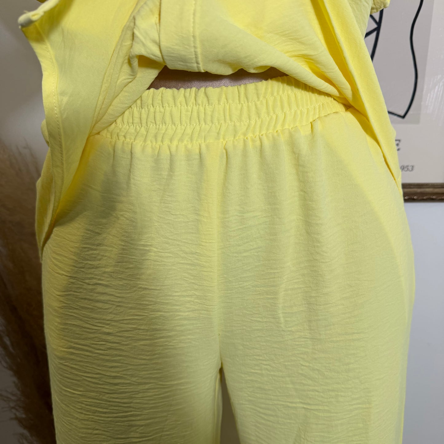 Front Knot Tie Button Down Top and Pants Set-Lt Yellow