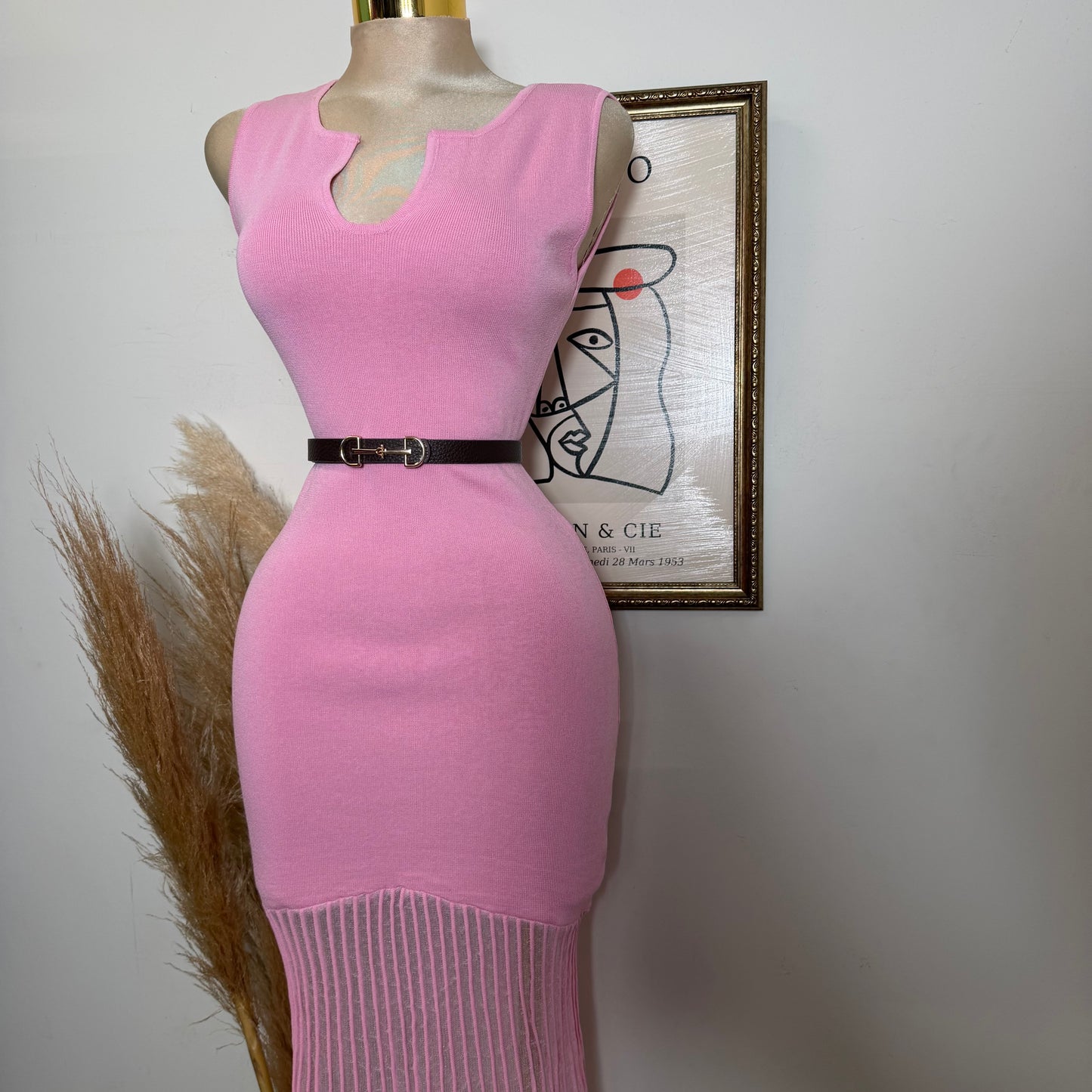 Sleeveless Maxi Knit Dress with Contrast-Pink