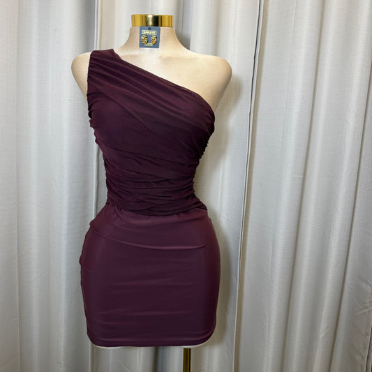 Nylon Yoga Knit with Mesh one shoulder Draped Bodycon Mini dress-Plum