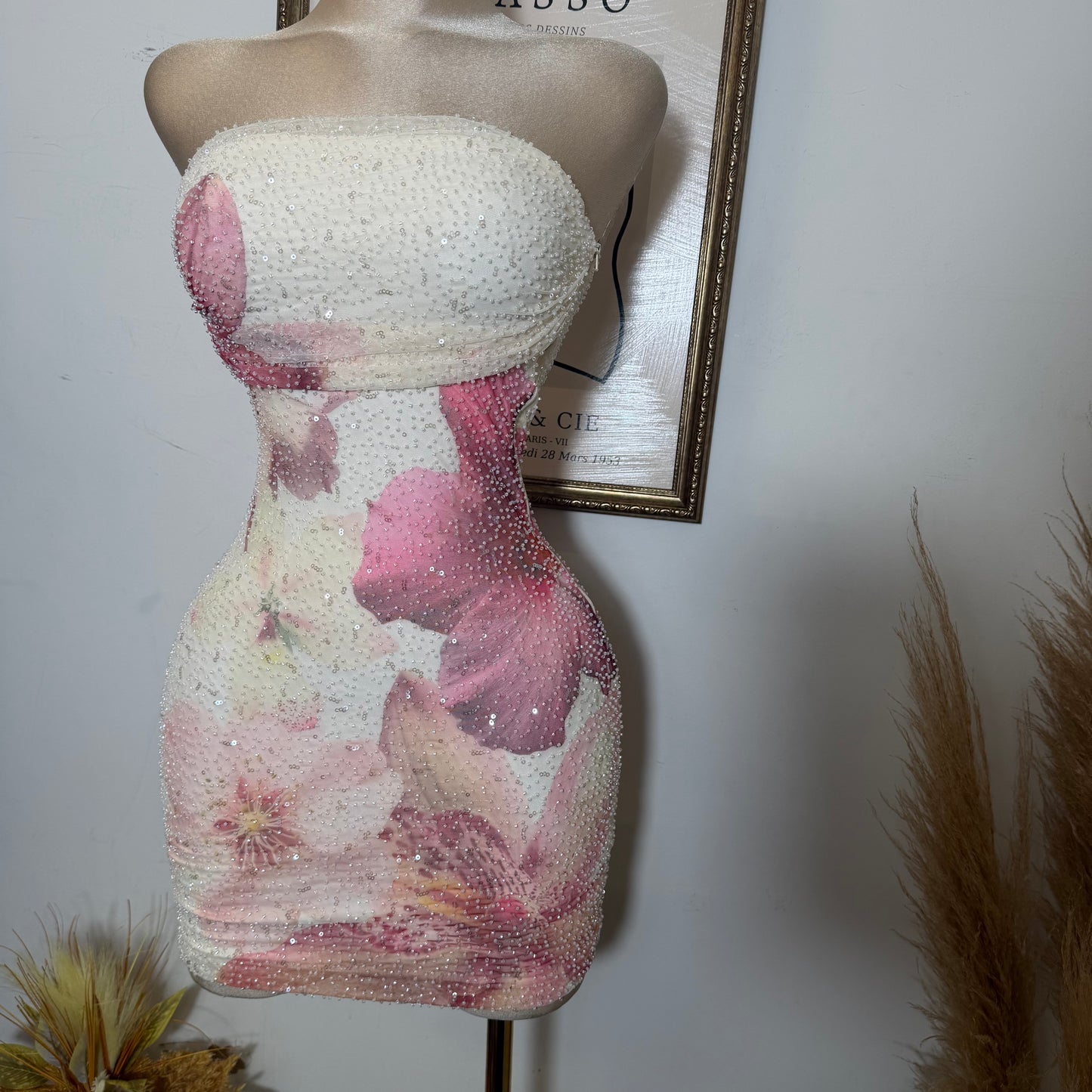 Tropicana Big flower Print Mesh W/ Beads Tube Mini Dress-Cream/Pink