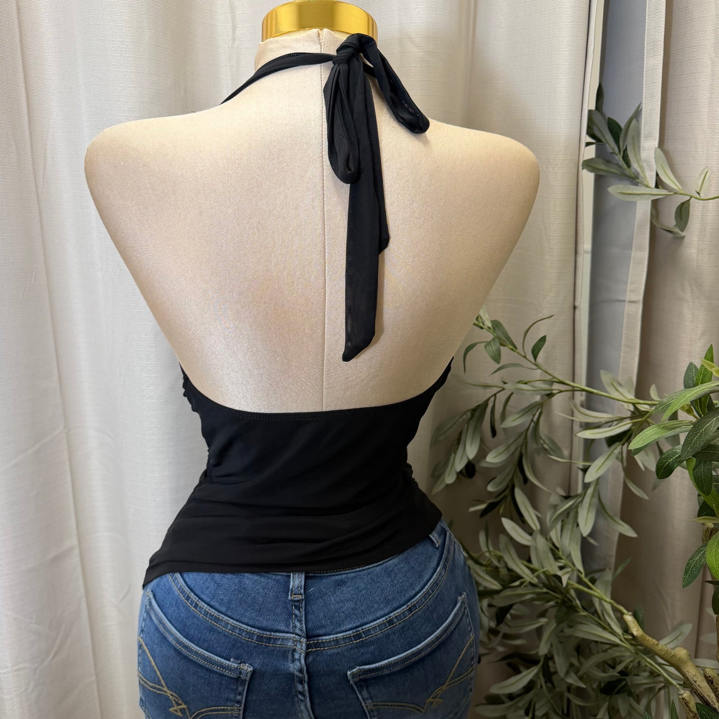 Cowl Neck Halter Ruched Top-Black