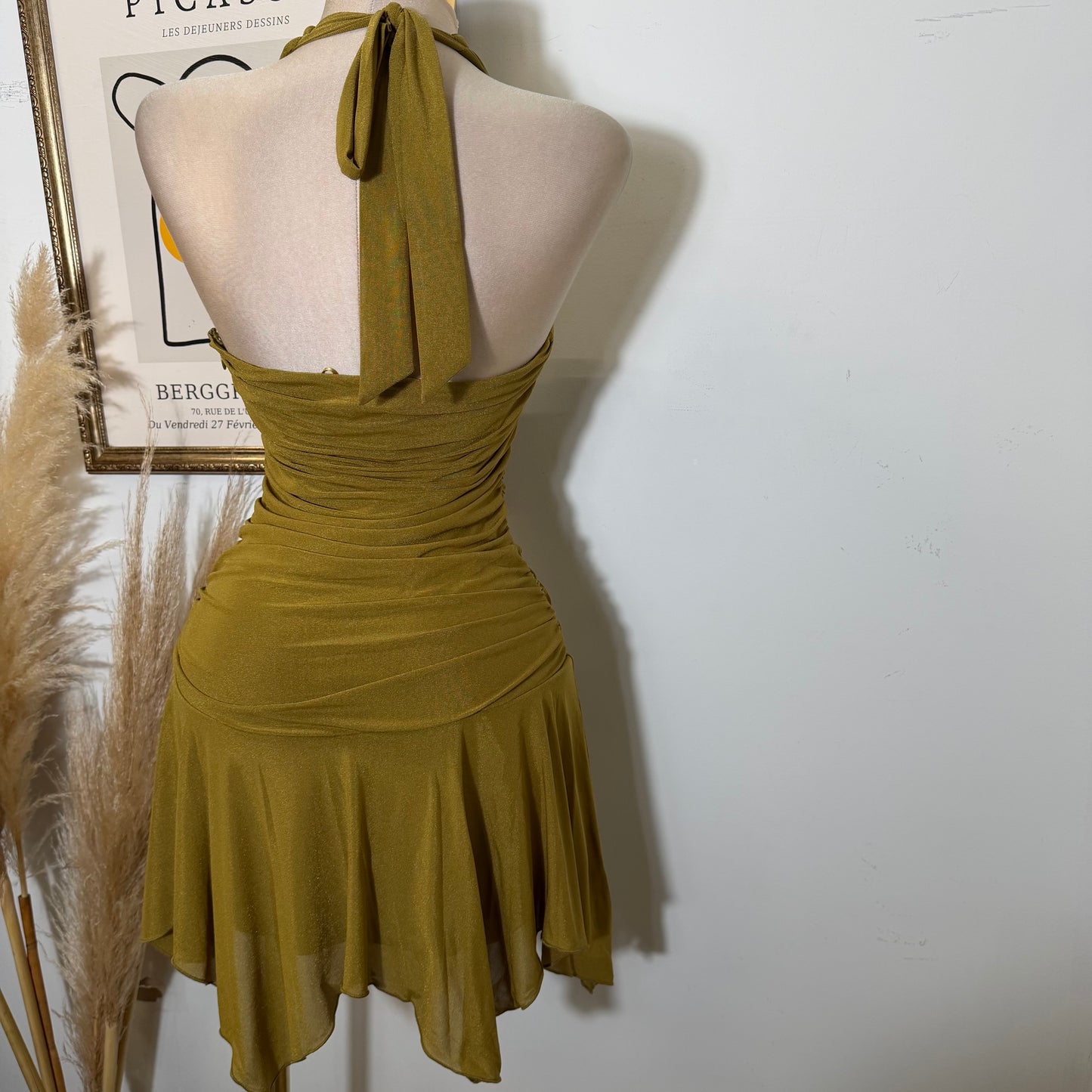 Halter Neck Ruched Waist Asymmetrical Hem Mini Dress-Marigold