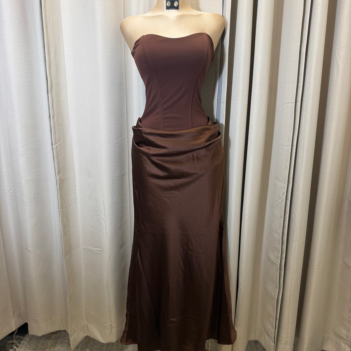 Satin Strapless Sweetheart Neckline Cowl Hip lace Maxi Dress-Brown