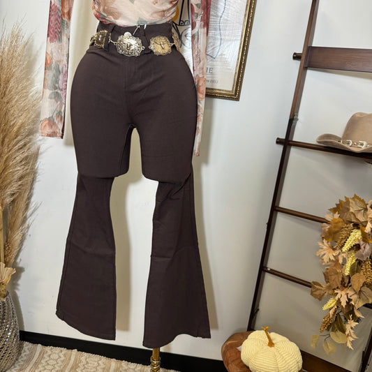 High Rise Hyper stretch Flare Jeans-Brown