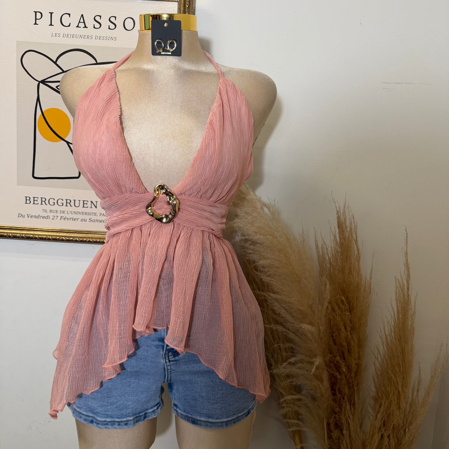 Textured Open back Top With Trim-Pink