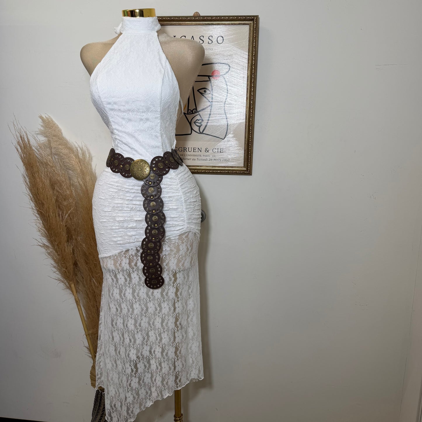 Lace Ruched Halter Maxi Dress-Ivory