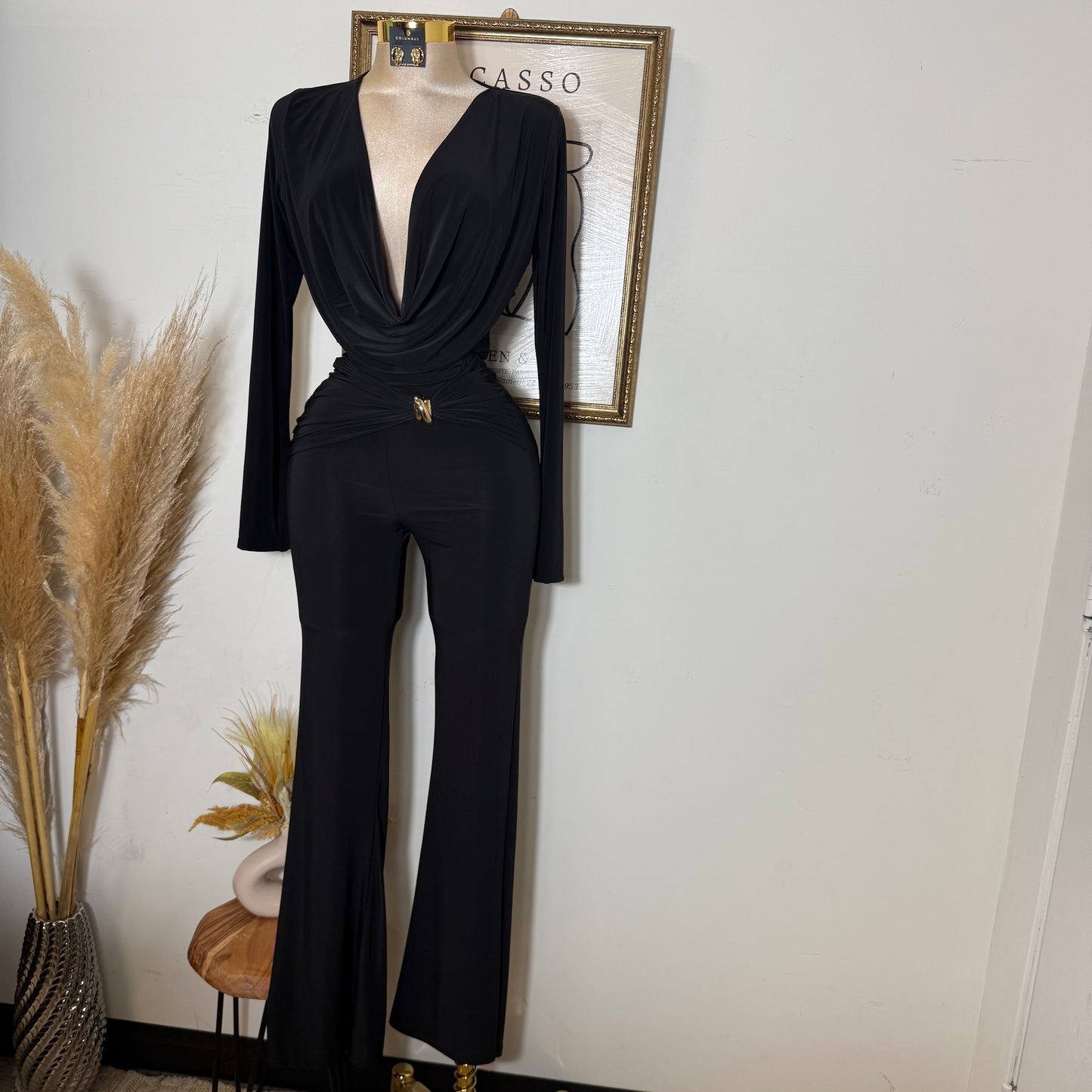 Long Sleeve Crop Top Pant Set-Black