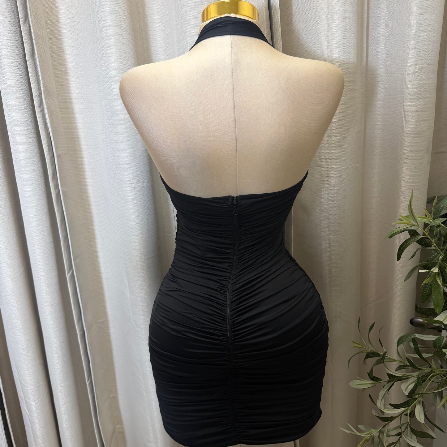 WIRE INSERT HALTER RUCHED MINI DRESS-Black