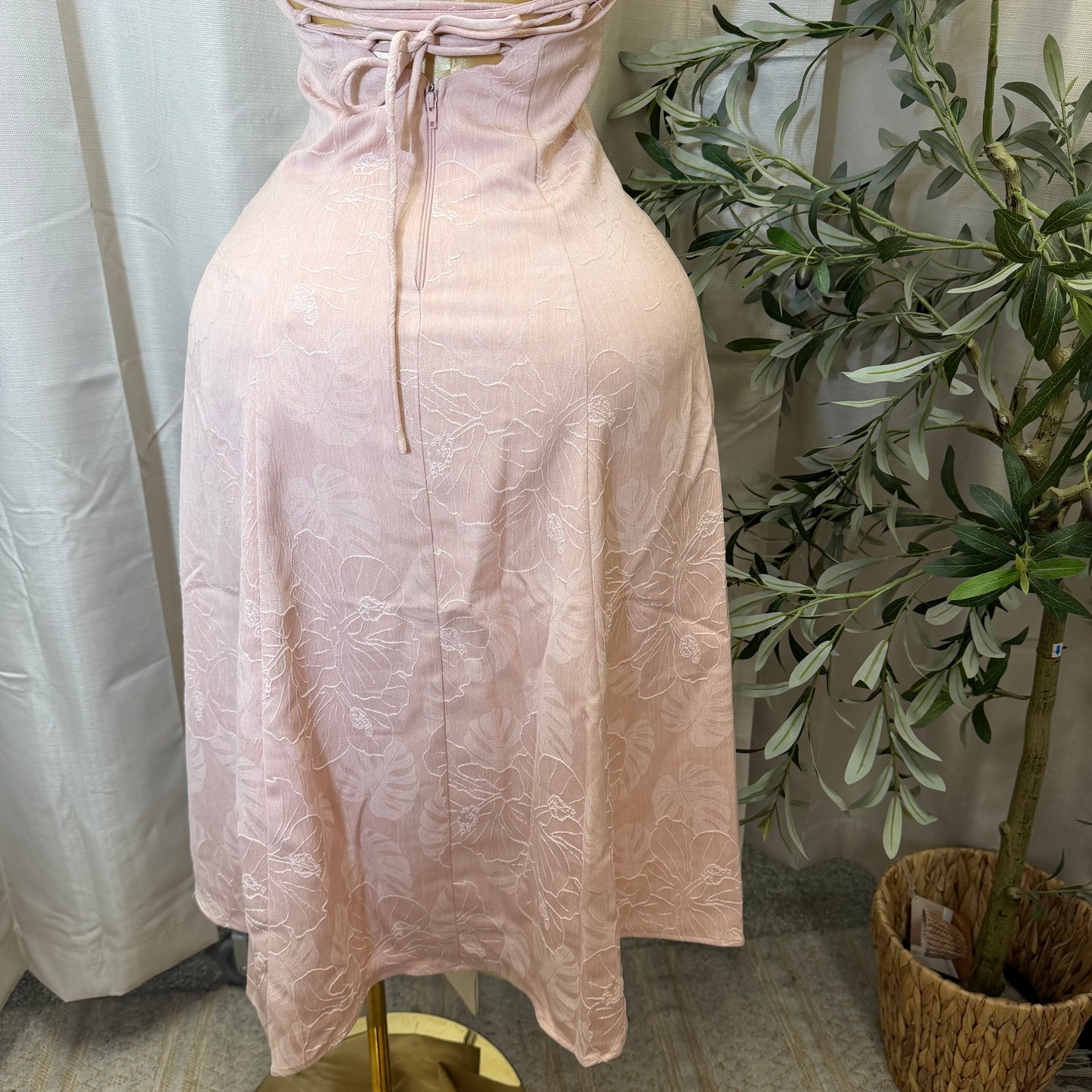 Denim Flower Patterned Halter Neck Midi Dress-Pink