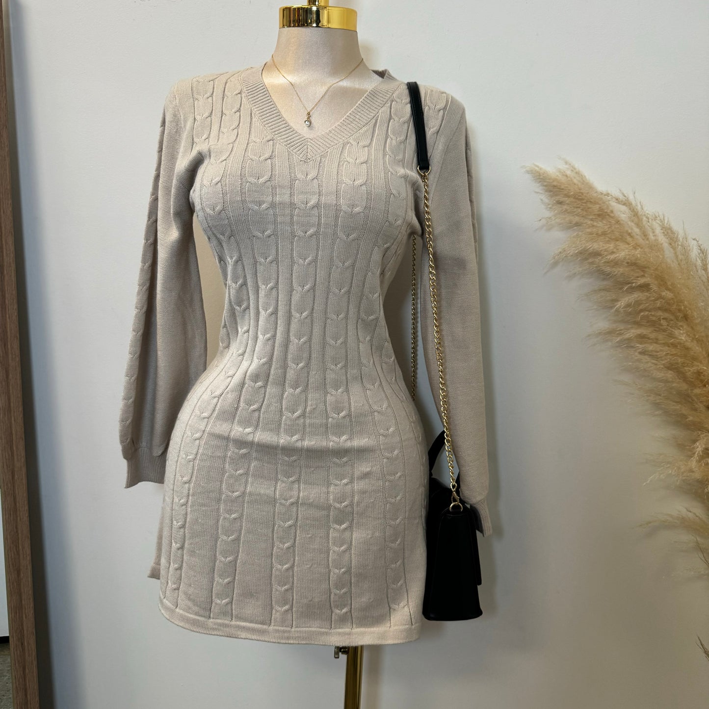 Rylee V Neck Sweater Dress-Ivory