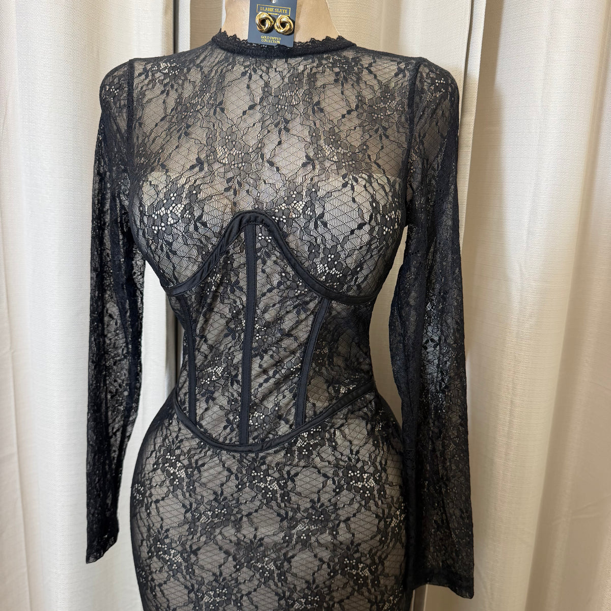 Lace  Long sleeve Sleeve Corset  Midi Dress-Black