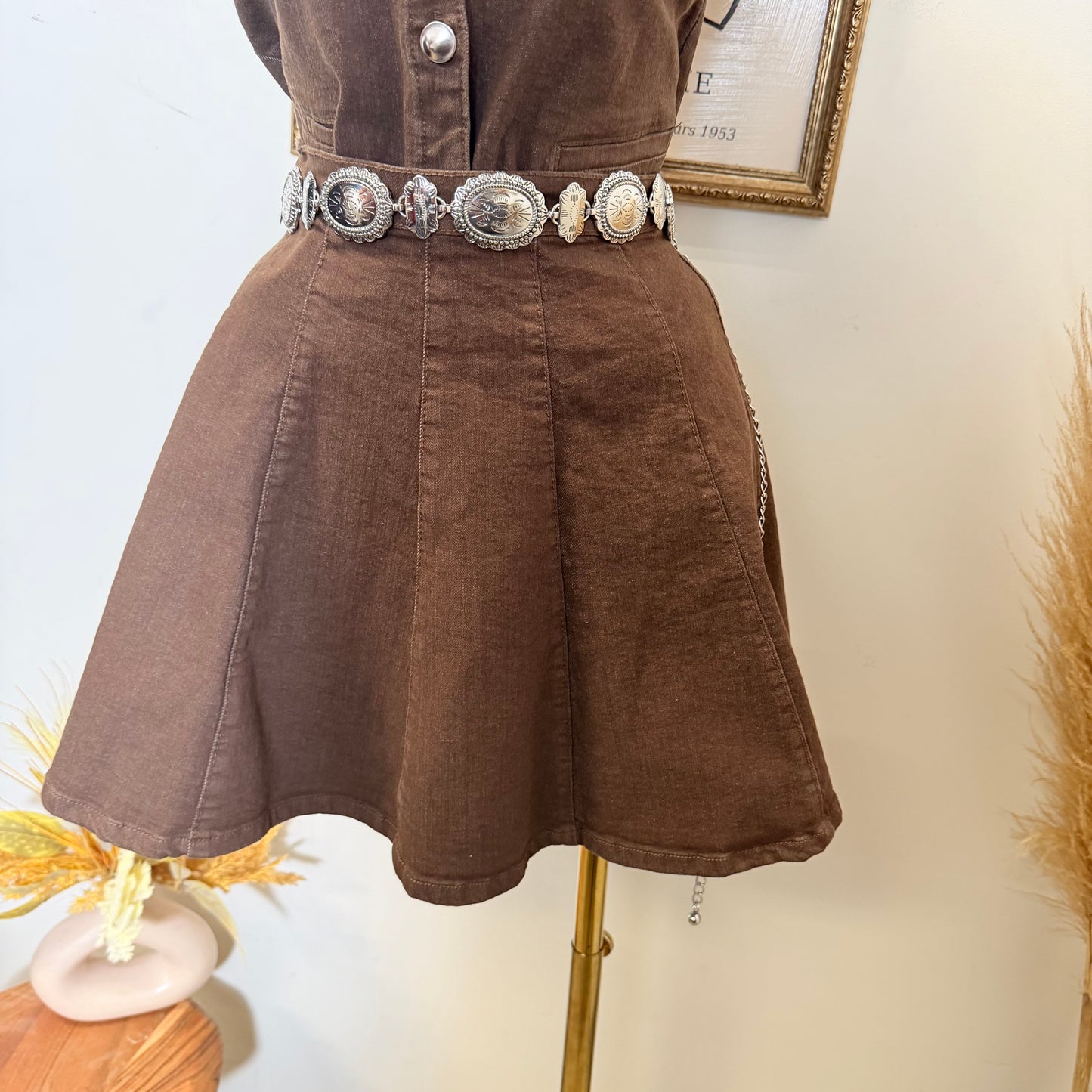 Flare denim Mini Skirt-Brown
