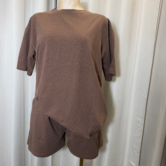 Rhinestone-embellished cotton Casual Tee and Short Tee-Chocolate