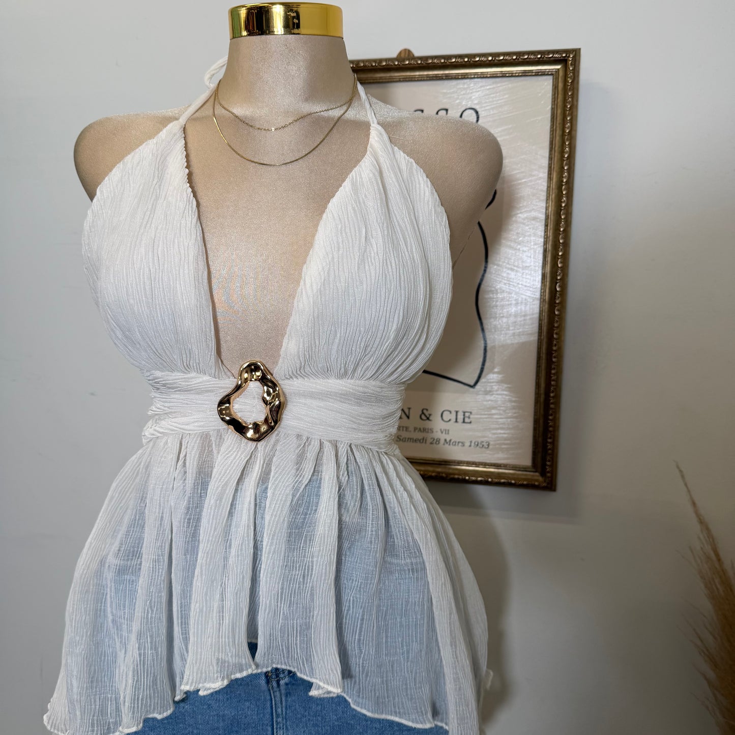 Textured Open back Top With Trim-Ivory