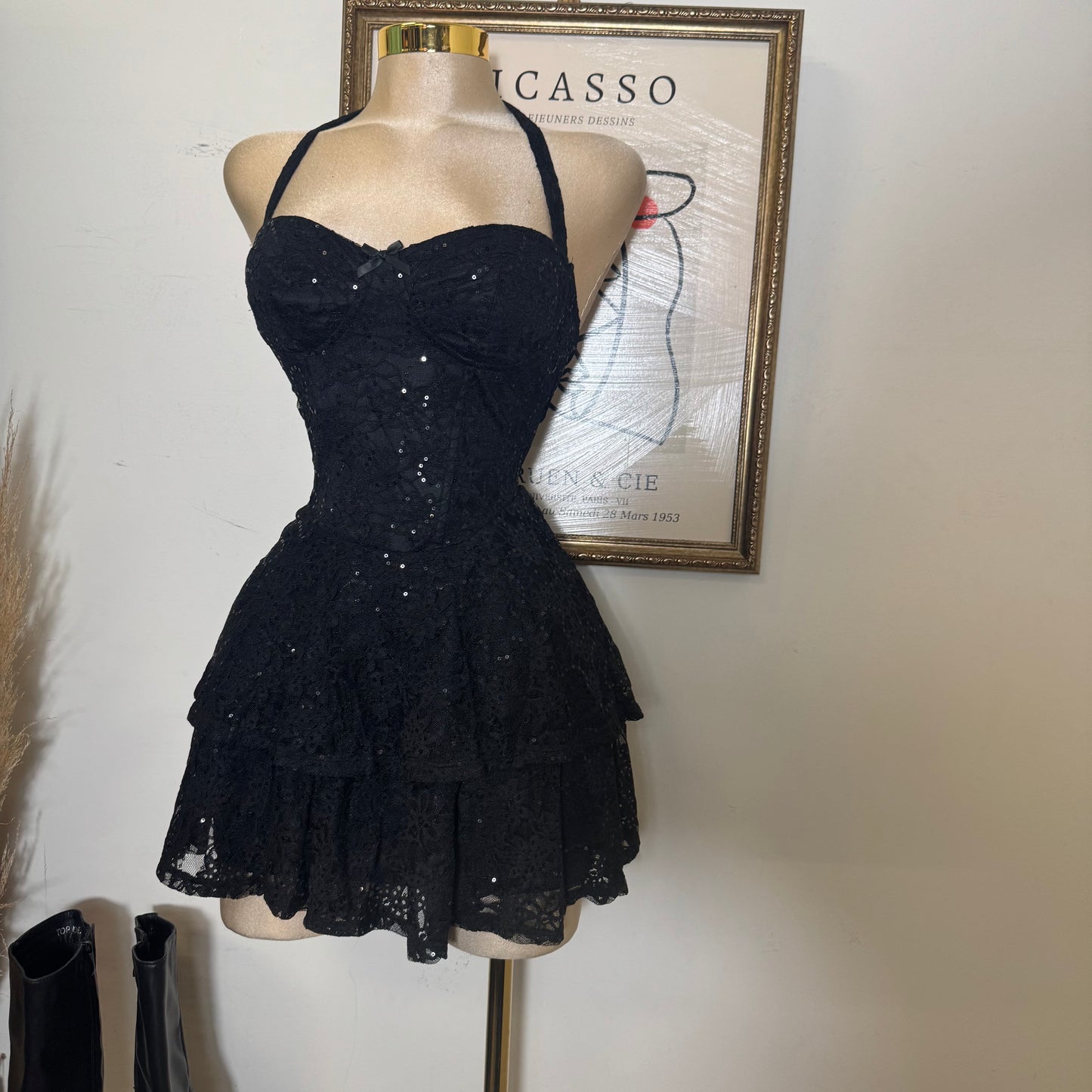 Sequined Halter Mini Dress with Tiered Skirt-Black