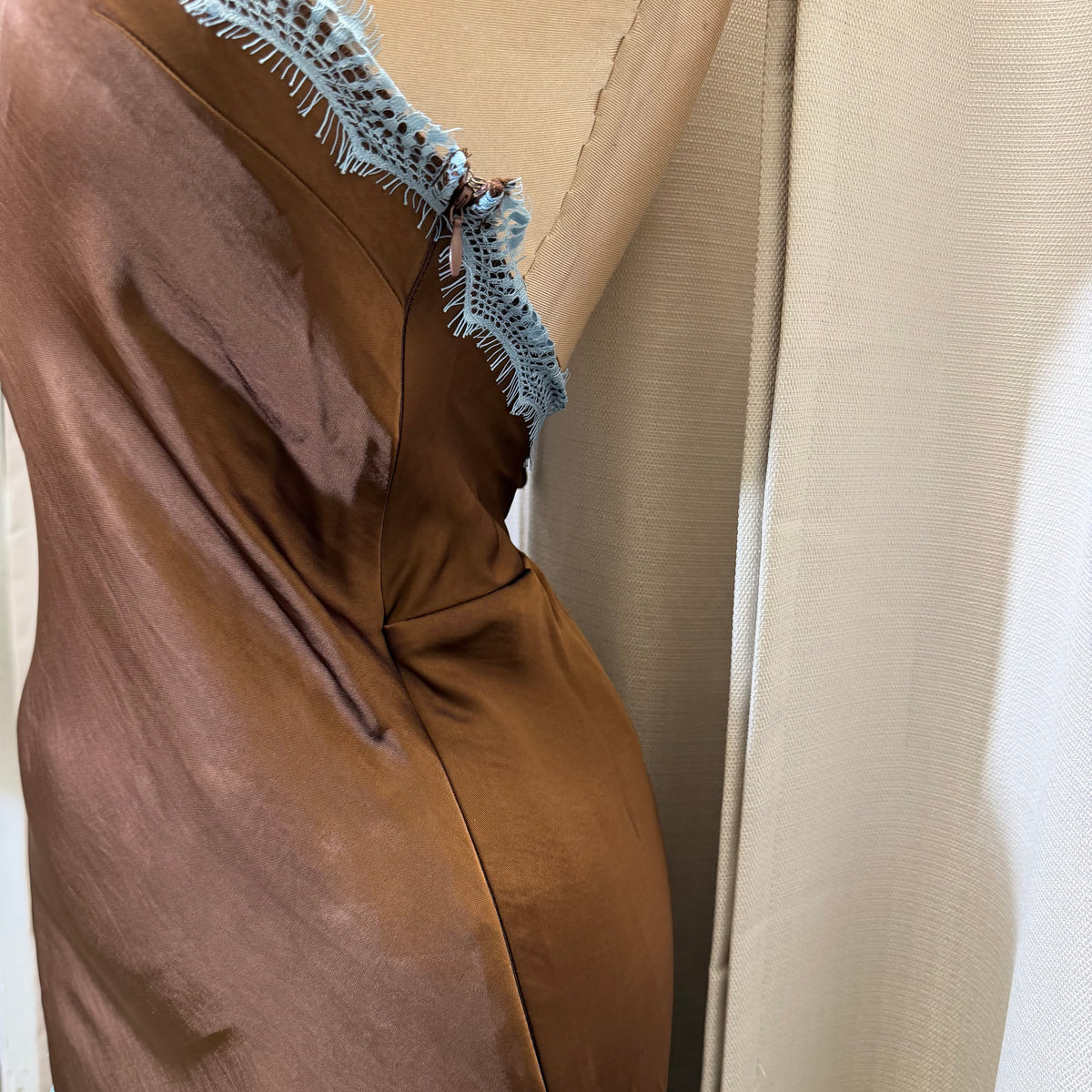 Contrast Lace Trim Satin Halter Jumpsuit-Brown/Blue