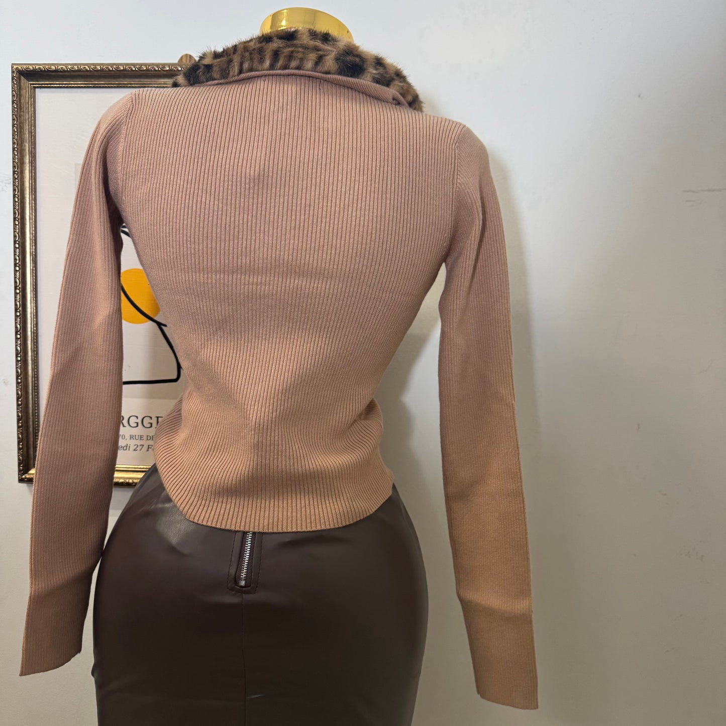 Leopard Fur Collard Double zip-Camel