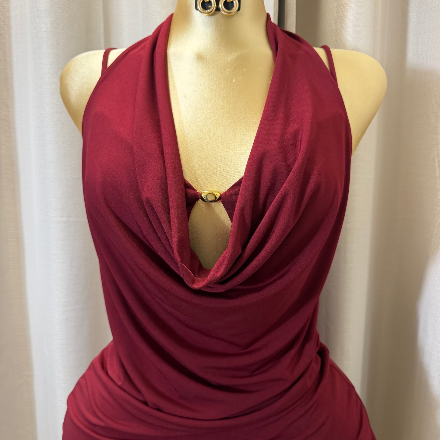 PL-Halter Cowl Neck Dress-Burgundy