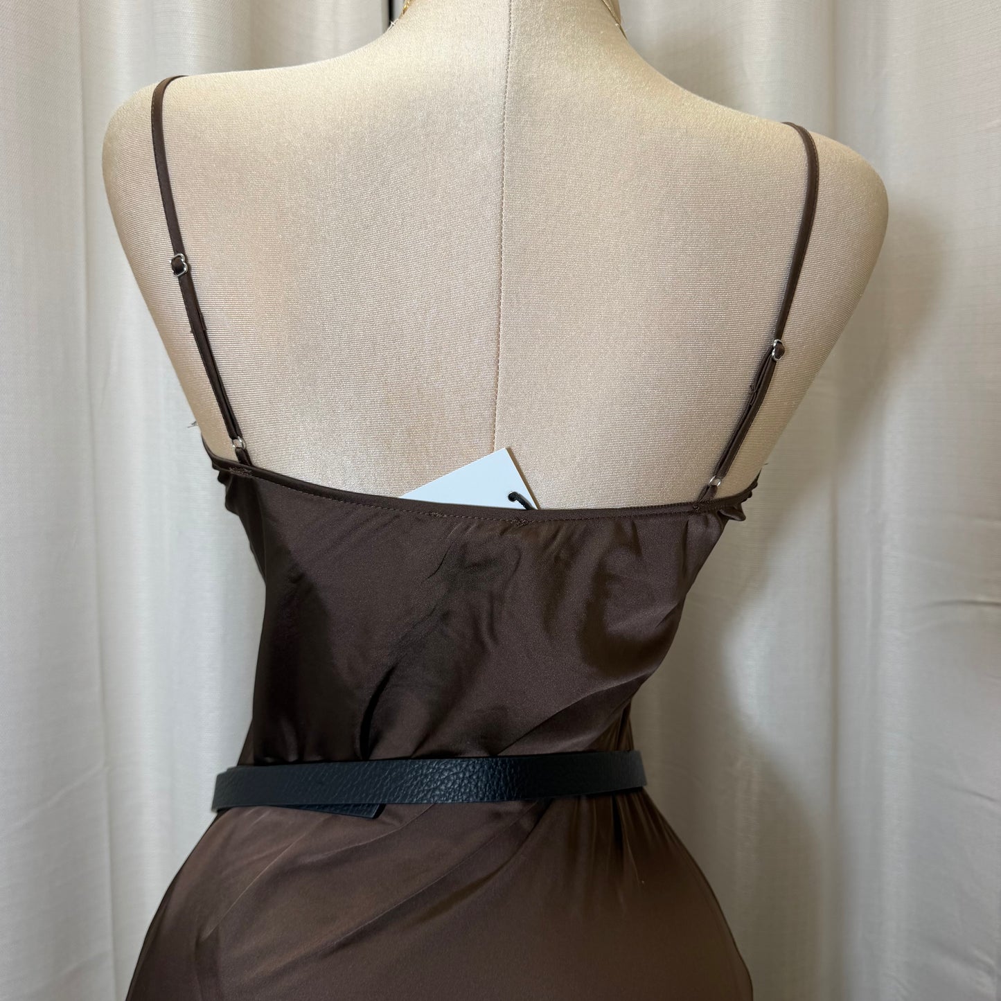 Satin Asymmetrical Lace detail Dress-brown