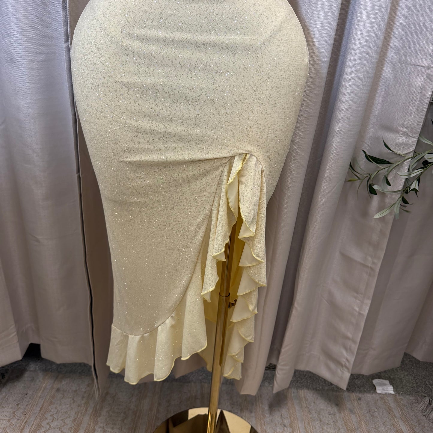 Glitter Halter Ruffle Slit Maxi Dress-Yellow