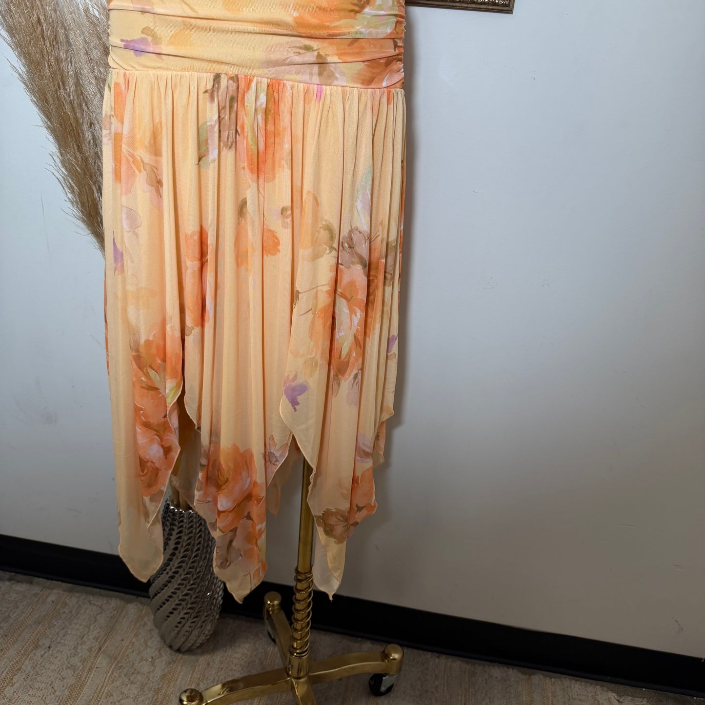 Printed Mesh Strapless Ruched Asymmetric maxi Dress-Peach Orange