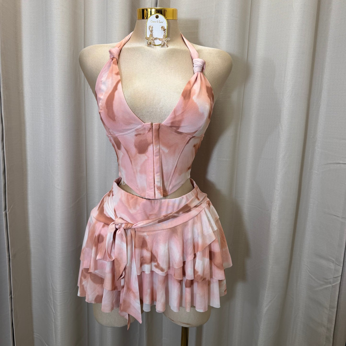 Halter Pink Corset Skirt Set-Baby Pink