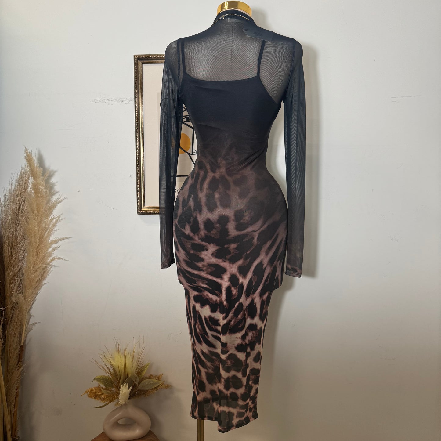 Animal Ombré Midi Mesh Dress-Black/Brown