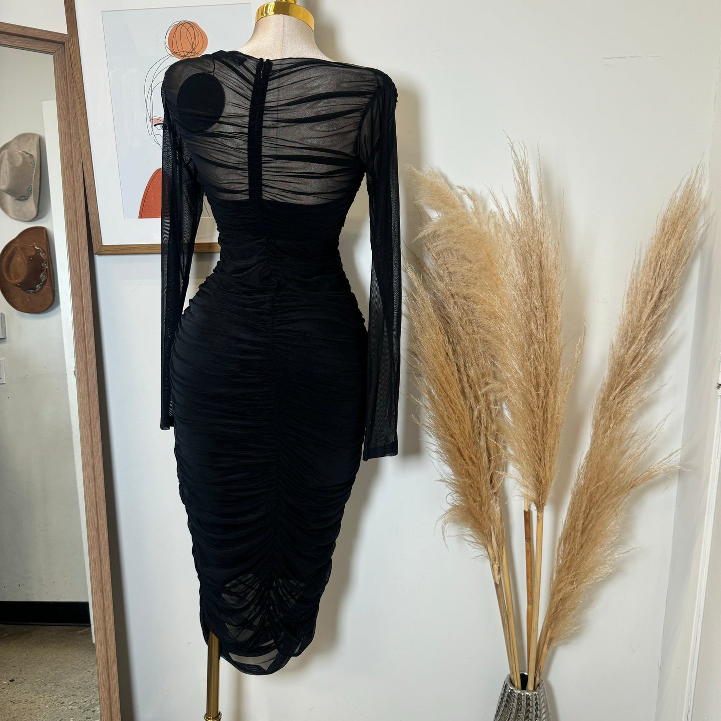 Long Sleeve Mesh Surplus Front Ruched Midi Dress-Black