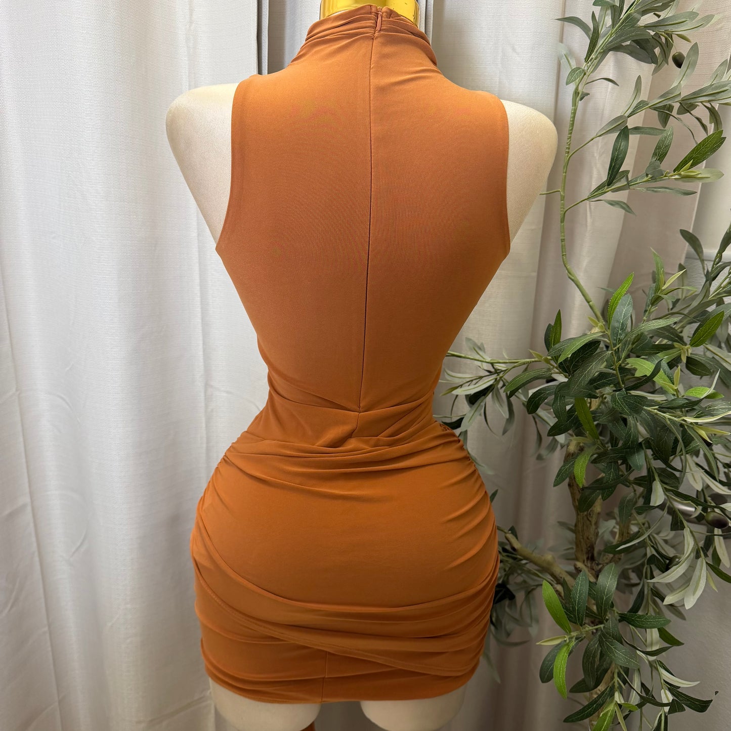 Mock Neck Front Sash With Trim Detail Mini Dress-Rust/Mocha