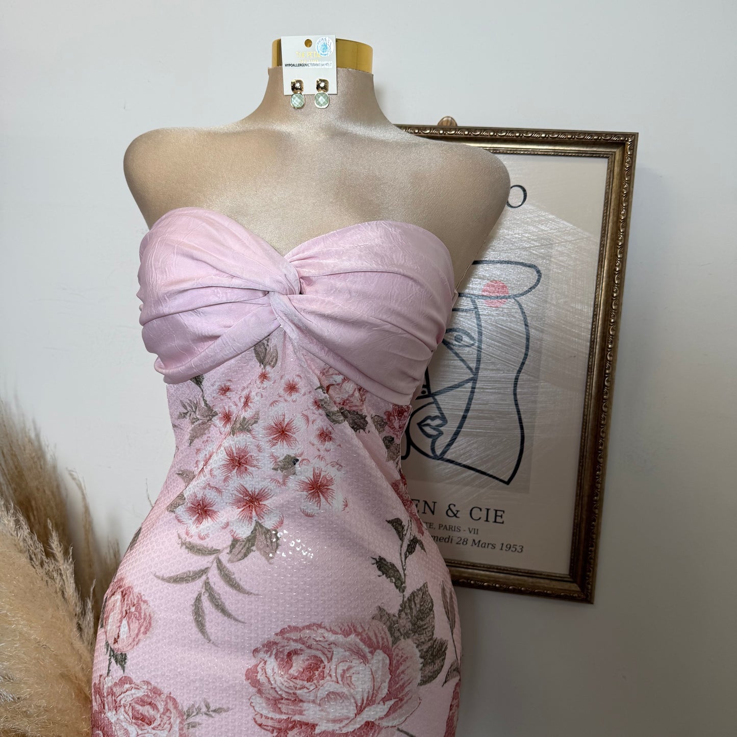 Printed Clear w/ Satin twist bust Midi Dress-Baby Pink
