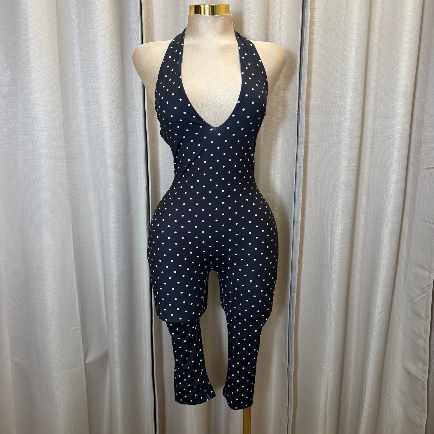 Halter Polka Dot Jumpsuit-Black/white