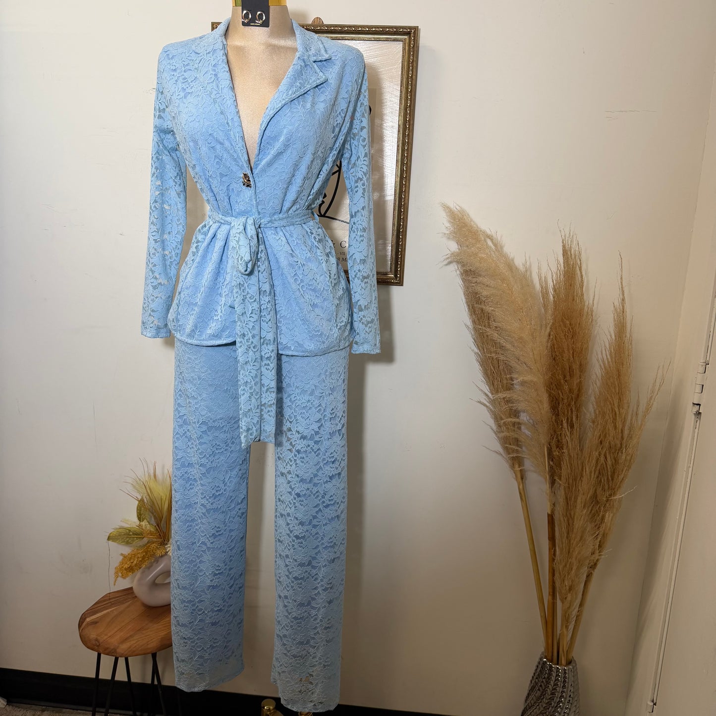 Lace blazer Pant Set -Baby Blue