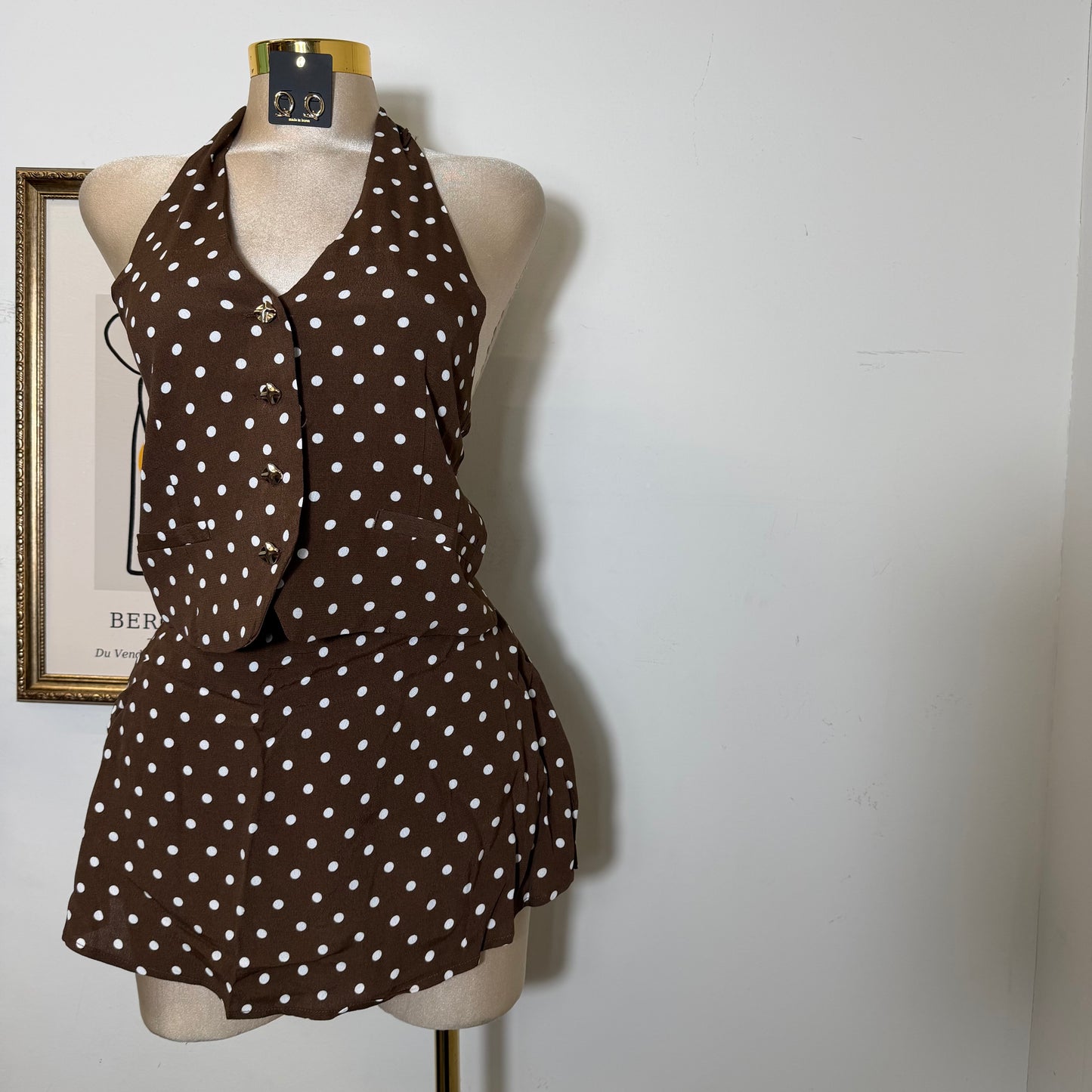Polka Dot Halter skort Set-Mocha