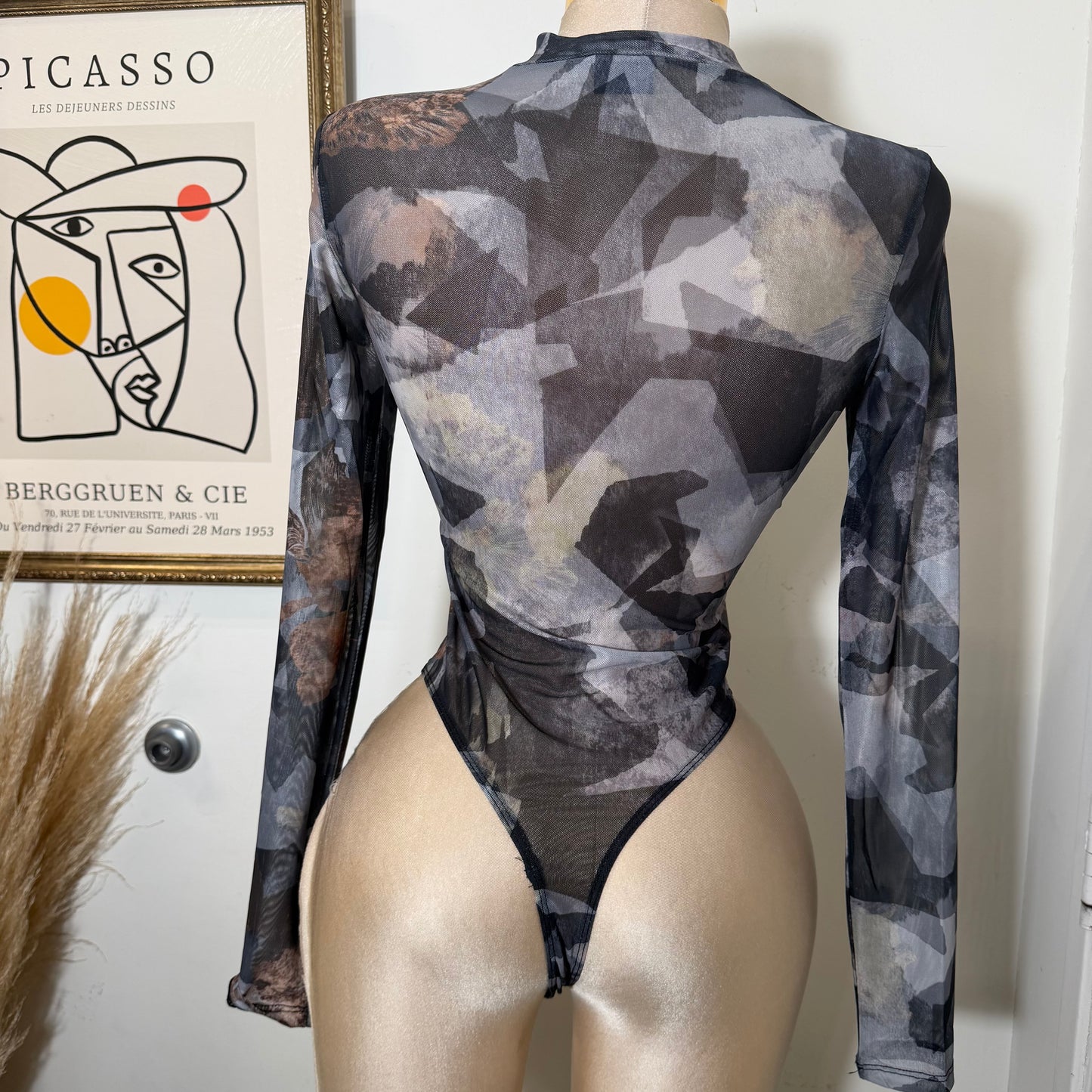 Black Long Sleeve Mesh Top Bodysuit-Black