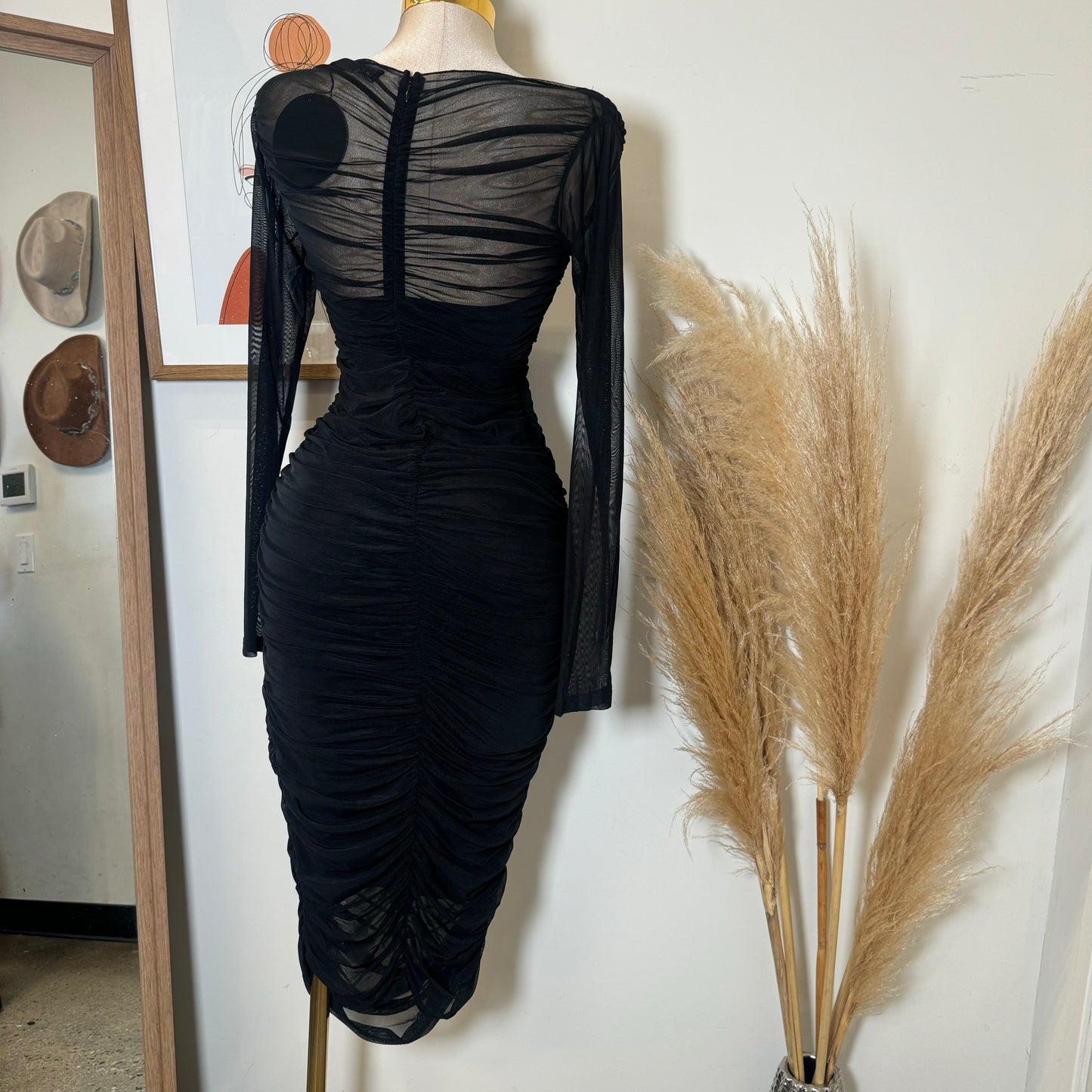 Long Sleeve Mesh Surplus Front Ruched Midi Dress-Black