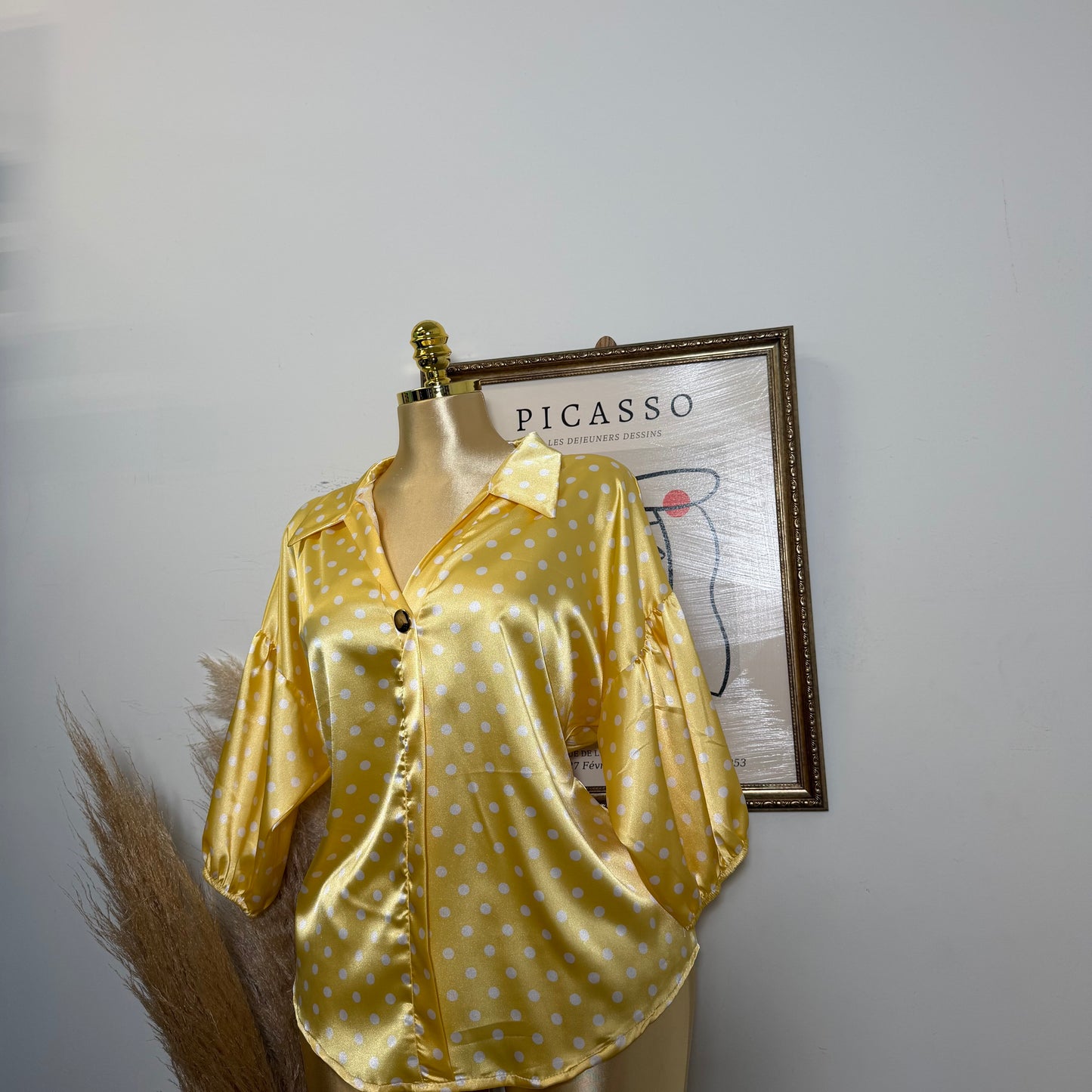 PL-Button Up Bomber Sleeve Blouse-Yellow