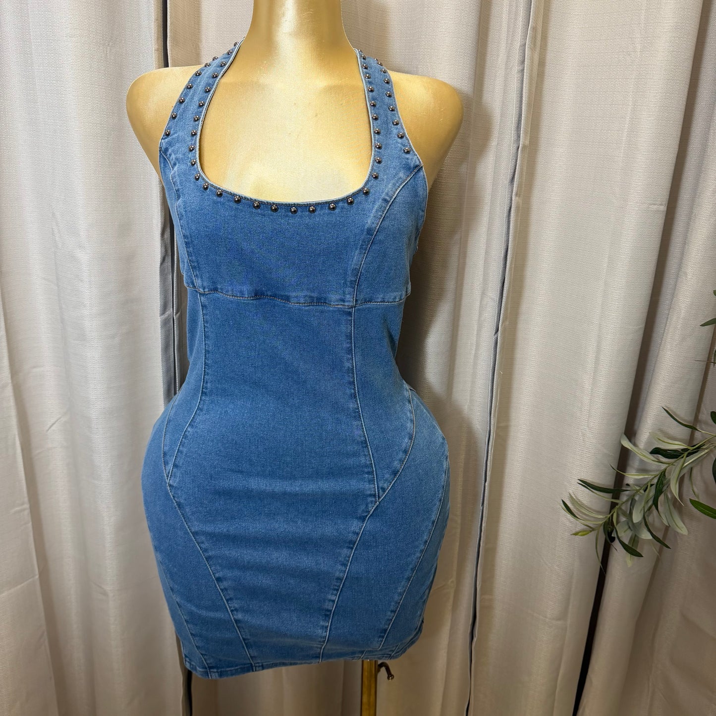 Stud Halter Detail Denim Mini Dress-Denim