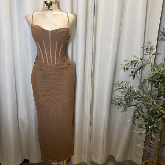 LACE-UP BACK DETAIL CORSET MIDI DRESS-Brown