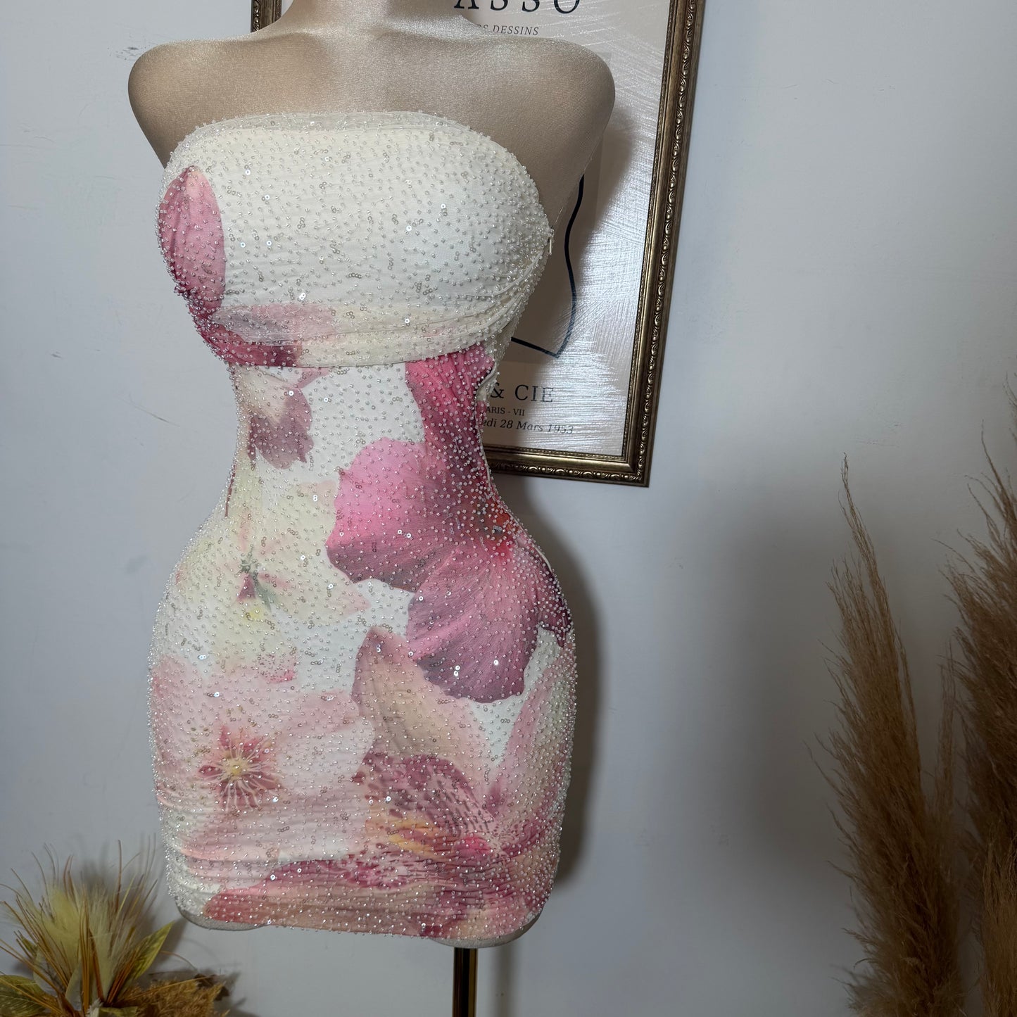 Tropicana Big flower Print Mesh W/ Beads Tube Mini Dress-Cream/Pink