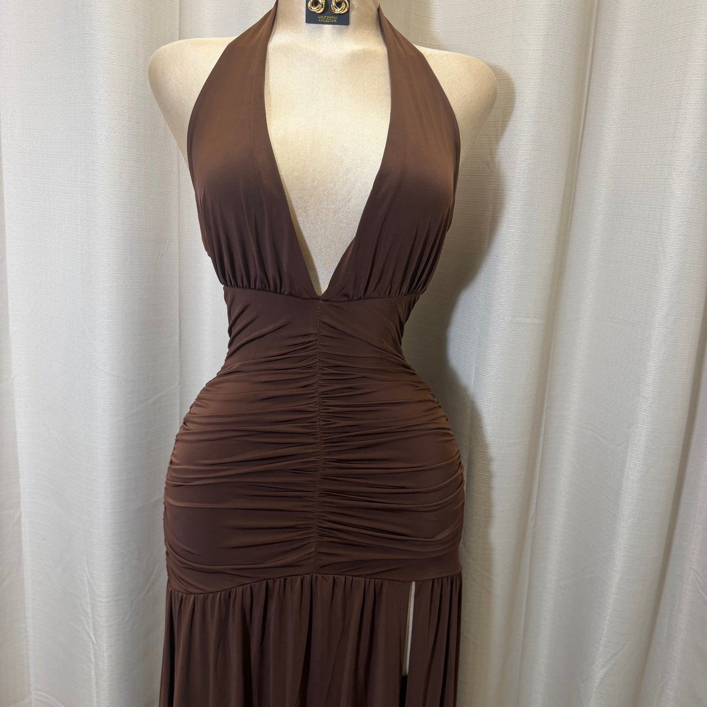 Halter Plunging Neckline Ruched Maxi Dress-brown