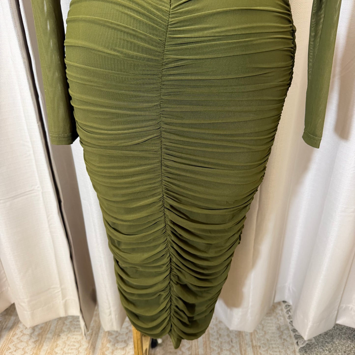 Long sleeve Mesh  Dress-Olive