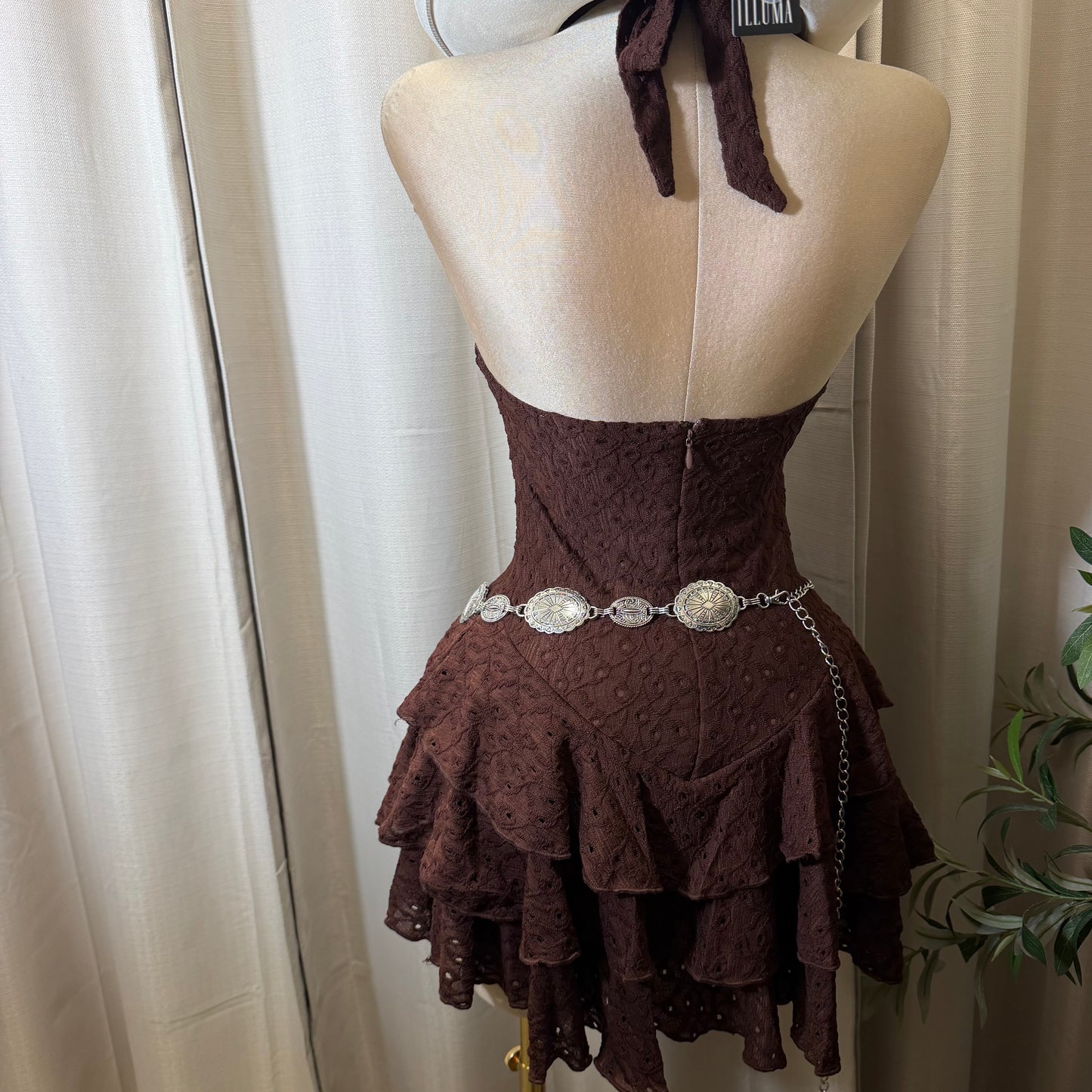 Eyelet halter neck Tiered Ruffle Mini Dress-Brown