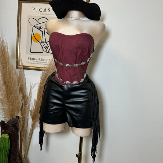 Leather Fringe Shorts-Black