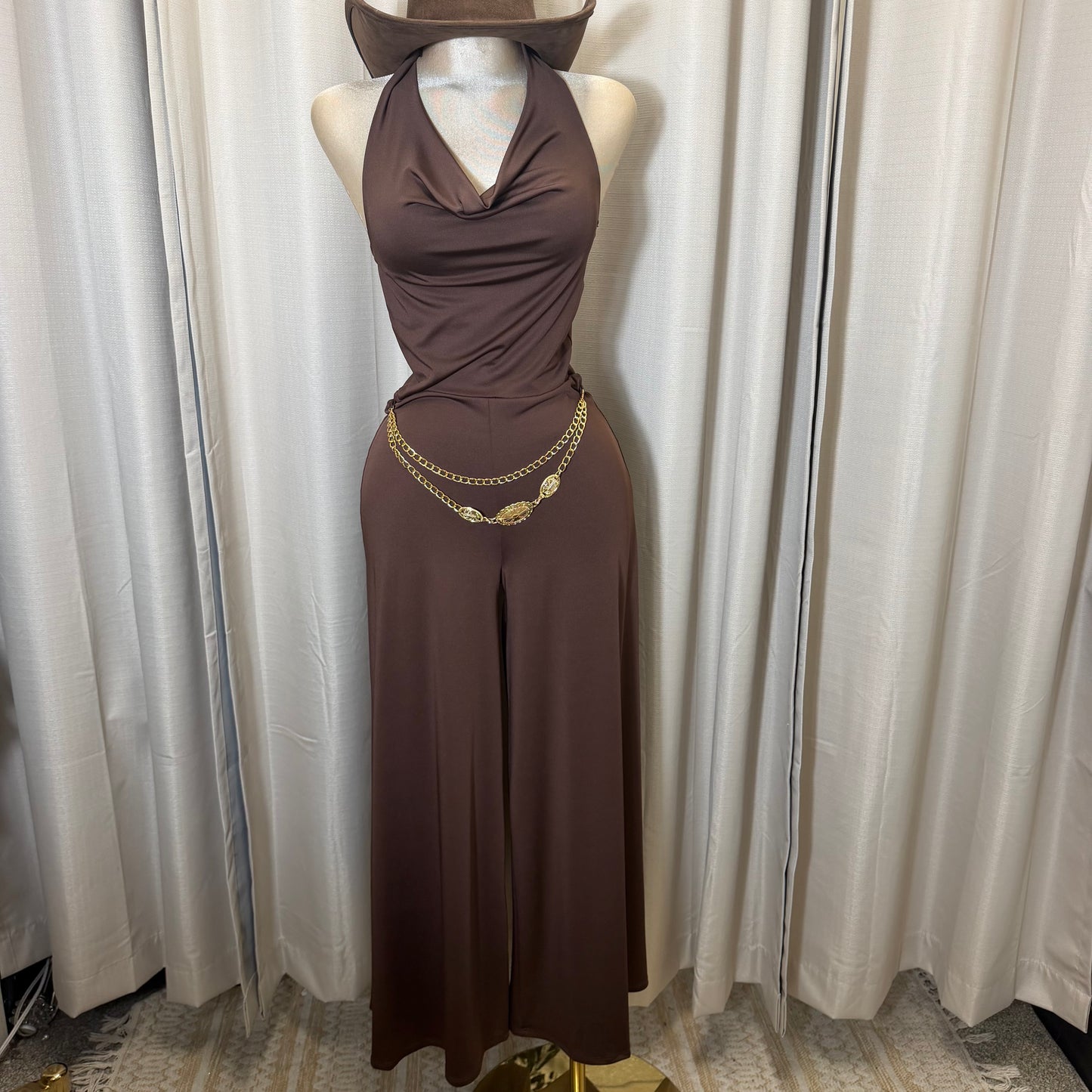 Cowl halter Neck Flare Jumpsuit-Brown
