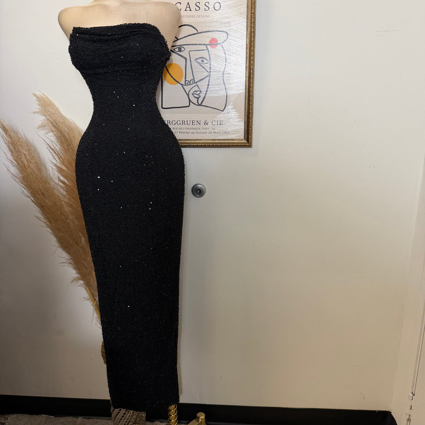 Embellished Bead Bandeau Cowl Neck Tube Maxi Dress-Black